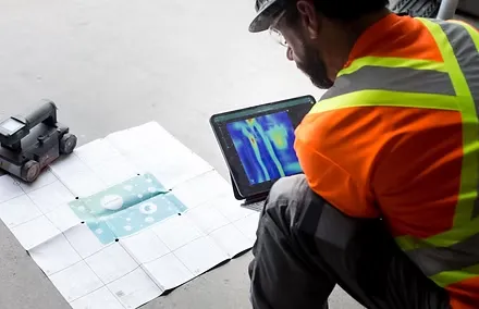 gpr services, A concrete contractor in a safety vest examines a thermal image on a tablet next to a large grid paper and a small robotic device on the floor.